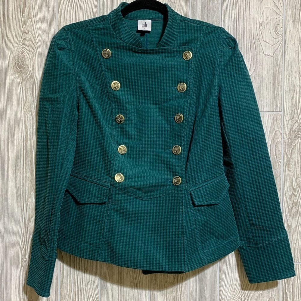 CAbi 3913 Lennon Corduroy Double Breasted Green Check Pattern Jacket Blazer SZ S